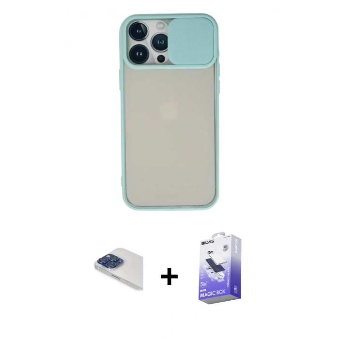 MARSİLYAN™- iPhone 13 Pro Max Kılıf Vadi Çizgi - Siyah Bilvis 5in1 5D Magic Hayalet Cam Ekran Koruyucu + Pers Alüminyum Kamera Lens - LT