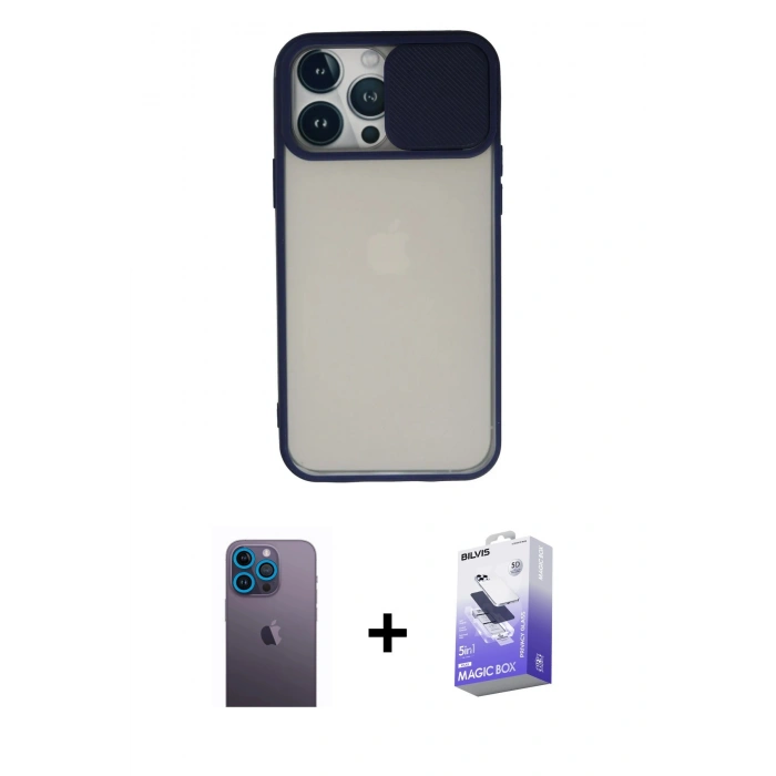 MARSİLYAN™- iPhone 13 Pro Max Kılıf Vadi Çizgi - Siyah Bilvis 5in1 5D Magic Hayalet Cam Ekran Koruyucu + Mavi Neon Fosforlu Kamera Lens