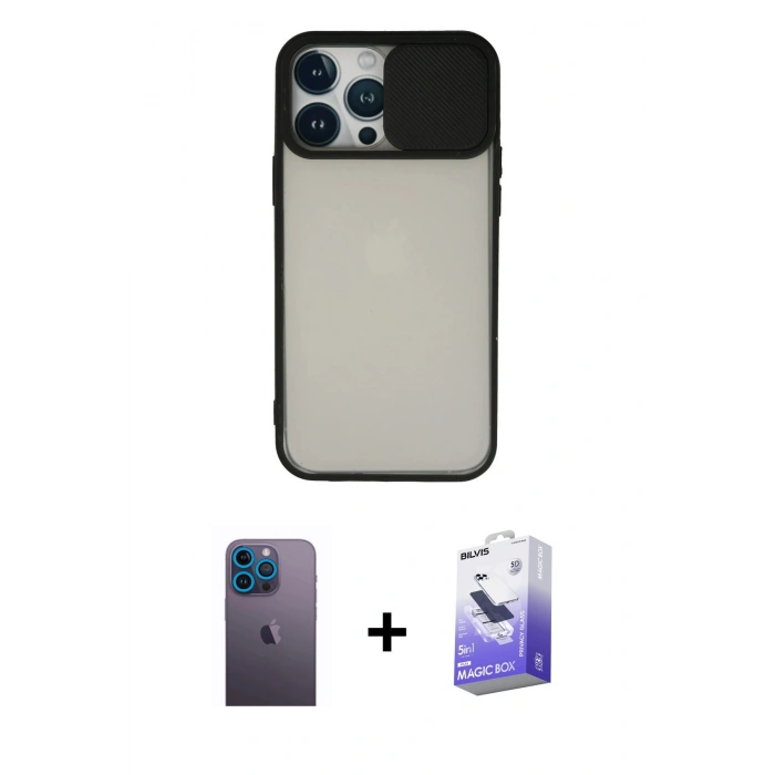 MARSİLYAN™- iPhone 13 Pro Max Kılıf Vadi Çizgi - Siyah Bilvis 5in1 5D Magic Hayalet Cam Ekran Koruyucu + Mavi Neon Fosforlu Kamera Lens
