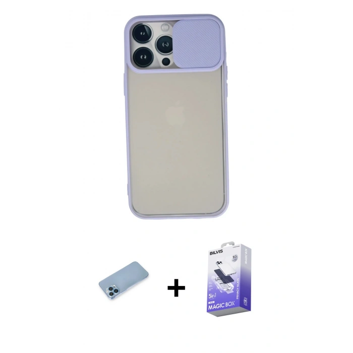 MARSİLYAN™- iPhone 13 Pro Max Kılıf Vadi Çizgi - Siyah Bilvis 5in1 5D Magic Hayalet Cam Ekran Koruyucu + Shine Kamera Lens Koruma Cam - MI