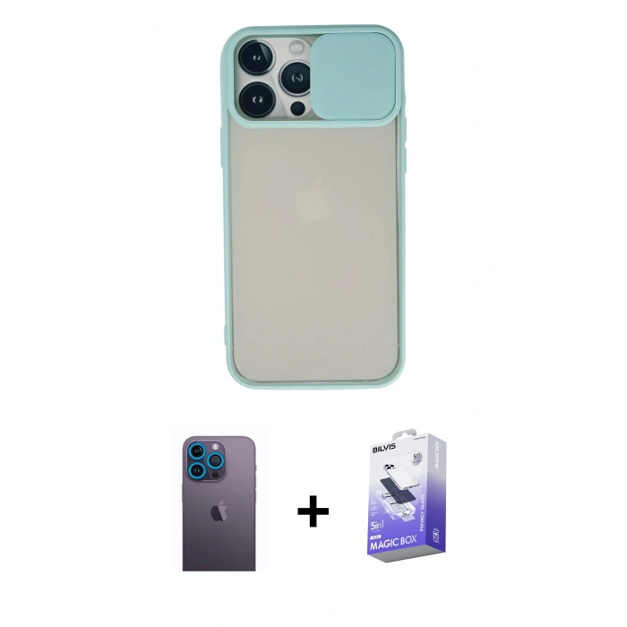 MARSİLYAN™- iPhone 13 Pro Max Kılıf Vadi Çizgi - Siyah Bilvis 5in1 5D Magic Hayalet Cam Ekran Koruyucu + Mavi Neon Fosforlu Kamera Lens