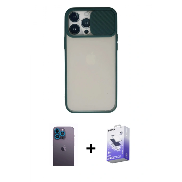 MARSİLYAN™- iPhone 13 Pro Max Kılıf Vadi Çizgi - Siyah Bilvis 5in1 5D Magic Hayalet Cam Ekran Koruyucu + Mavi Neon Fosforlu Kamera Lens