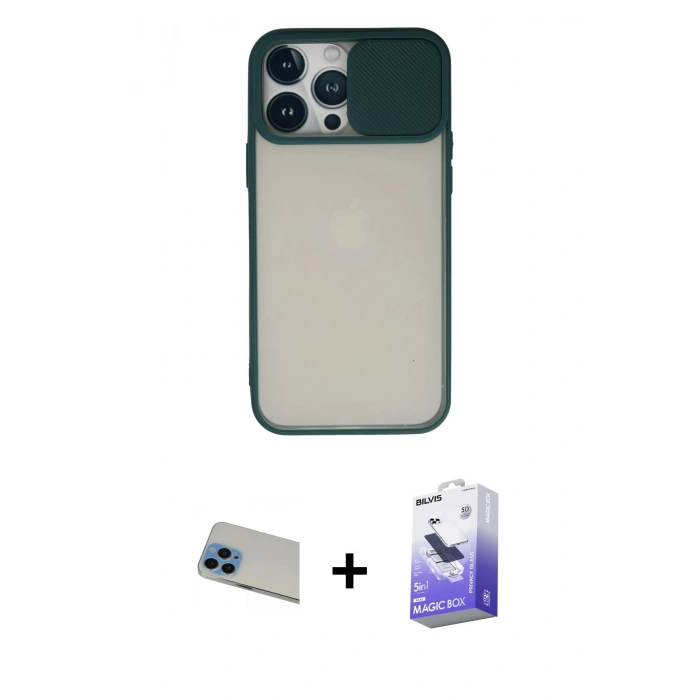 MARSİLYAN™- iPhone 13 Pro Max Kılıf Vadi Çizgi - Siyah Bilvis 5in1 5D Magic Hayalet Cam Ekran Koruyucu + Rainbow Kamera Lens Koruma Cam - MI