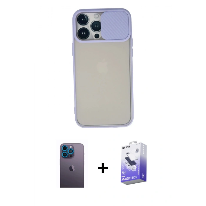 MARSİLYAN™- iPhone 13 Pro Max Kılıf Vadi Çizgi - Siyah Bilvis 5in1 5D Magic Hayalet Cam Ekran Koruyucu + Mavi Neon Fosforlu Kamera Lens