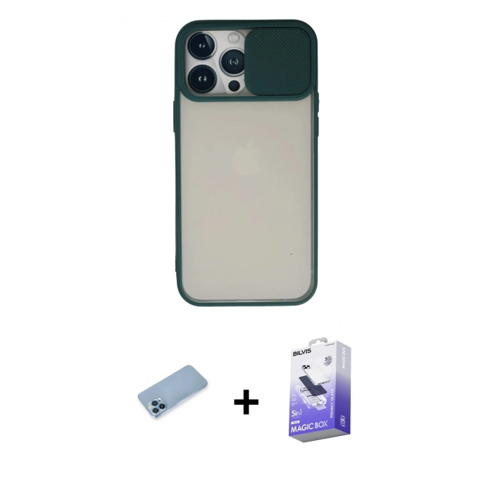 MARSİLYAN™- iPhone 13 Pro Max Kılıf Vadi Çizgi - Siyah Bilvis 5in1 5D Magic Hayalet Cam Ekran Koruyucu + Shine Kamera Lens Koruma Cam - MI