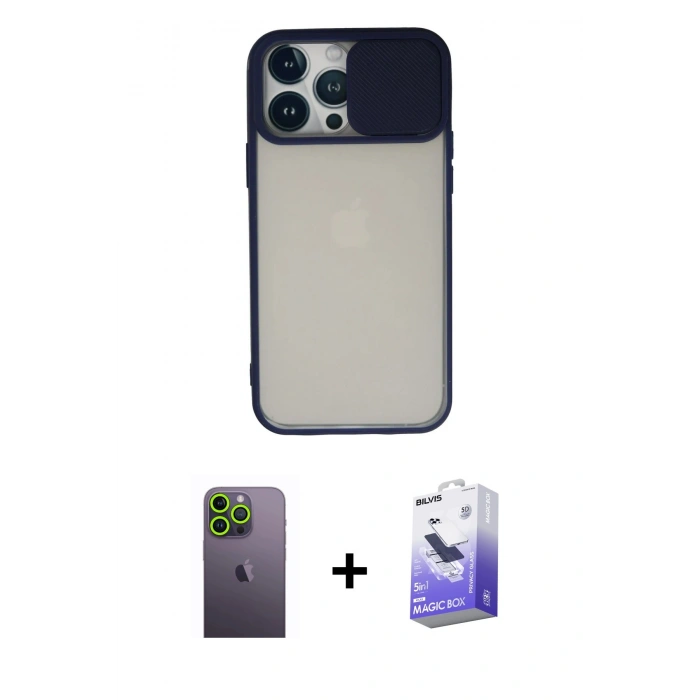 MARSİLYAN™- iPhone 13 Pro Max Kılıf Vadi Çizgi - Siyah Bilvis 5in1 5D Magic Hayalet Cam Ekran Koruyucu + Neon Fosforlu Kamera Lens - YL