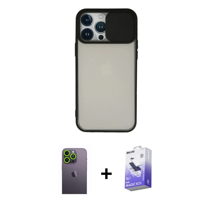 MARSİLYAN™- iPhone 13 Pro Max Kılıf Vadi Çizgi - Siyah Bilvis 5in1 5D Magic Hayalet Cam Ekran Koruyucu + Neon Fosforlu Kamera Lens - YL