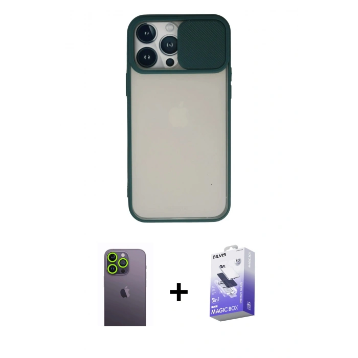 MARSİLYAN™- iPhone 13 Pro Max Kılıf Vadi Çizgi - Siyah Bilvis 5in1 5D Magic Hayalet Cam Ekran Koruyucu + Neon Fosforlu Kamera Lens - YL