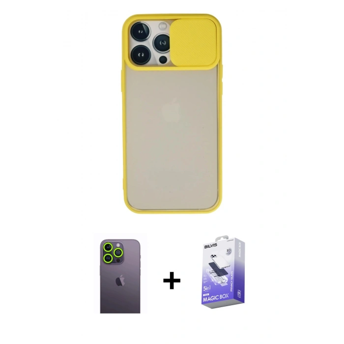 MARSİLYAN™- iPhone 13 Pro Max Kılıf Vadi Çizgi - Siyah Bilvis 5in1 5D Magic Hayalet Cam Ekran Koruyucu + Neon Fosforlu Kamera Lens - YL