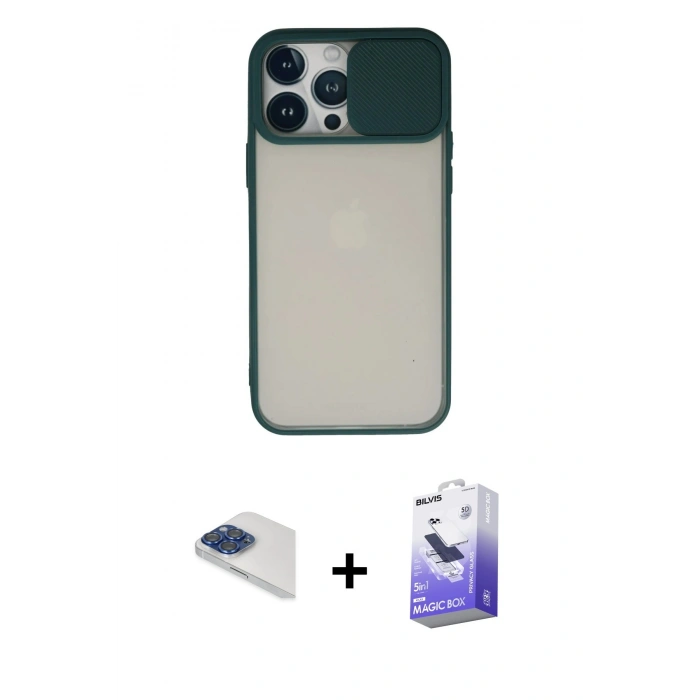 MARSİLYAN™- iPhone 13 Pro Max Kılıf Vadi Çizgi - Siyah Bilvis 5in1 5D Magic Hayalet Cam Ekran Koruyucu + Pers Alüminyum Kamera Lens - LT