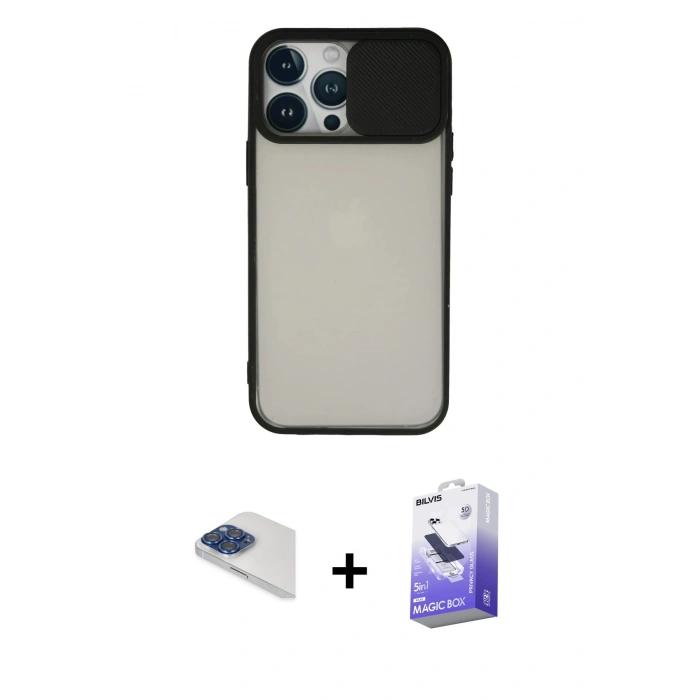 MARSİLYAN™- iPhone 13 Pro Max Kılıf Vadi Çizgi - Siyah Bilvis 5in1 5D Magic Hayalet Cam Ekran Koruyucu + Pers Alüminyum Kamera Lens - LT