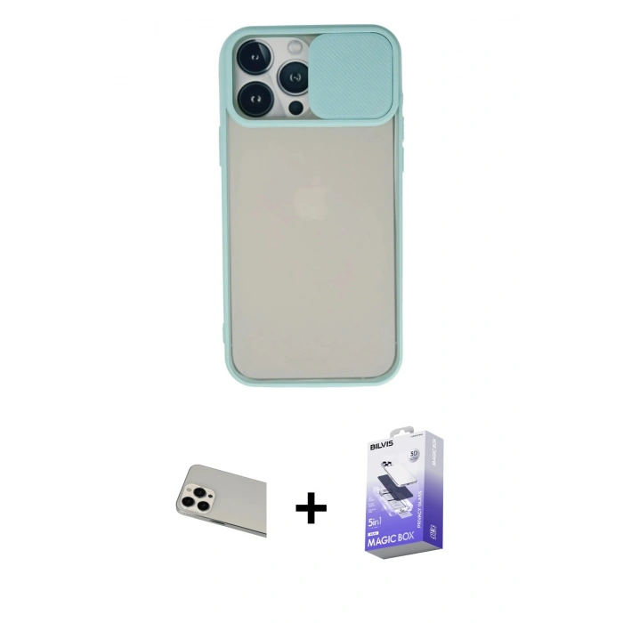 MARSİLYAN™- iPhone 13 Pro Max Kılıf Vadi Çizgi - Siyah Bilvis 5in1 5D Magic Hayalet Cam Ekran Koruyucu + Rainbow Kamera Lens Koruma Cam - BZ