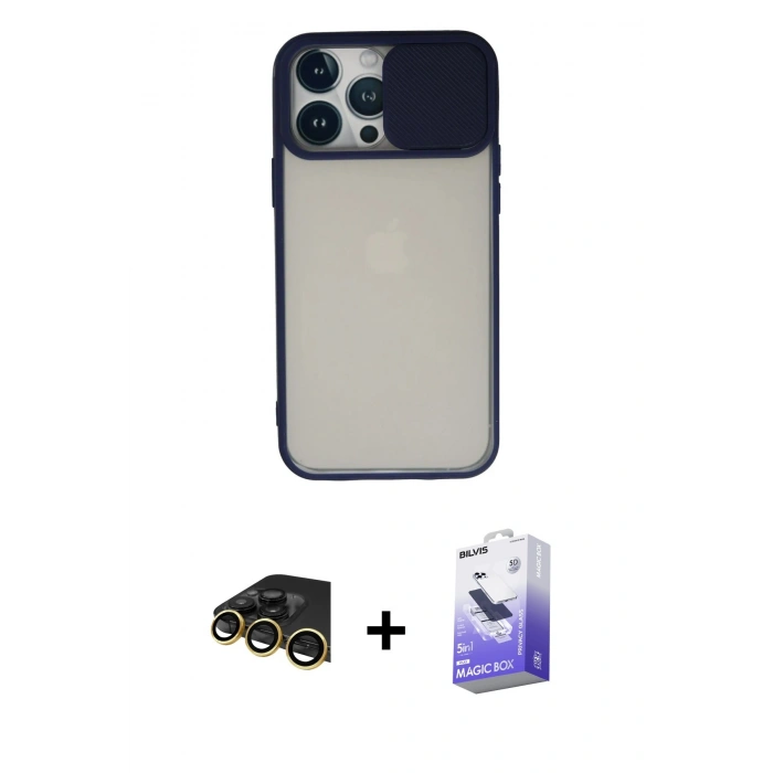 MARSİLYAN™- iPhone 13 Pro Max Kılıf Vadi Çizgi - Siyah Bilvis 5in1 5D Magic Hayalet Cam Ekran Koruyucu + Raze Metal Kamera Lens - GD