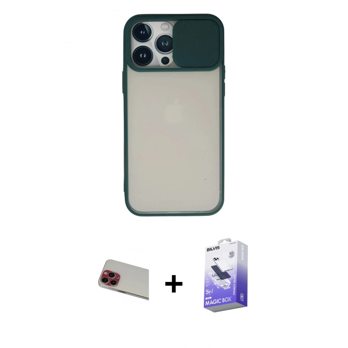 MARSİLYAN™- iPhone 13 Pro Max Kılıf Vadi Çizgi - Siyah Bilvis 5in1 5D Magic Hayalet Cam Ekran Koruyucu + Rainbow Kamera Lens Koruma Cam - KI