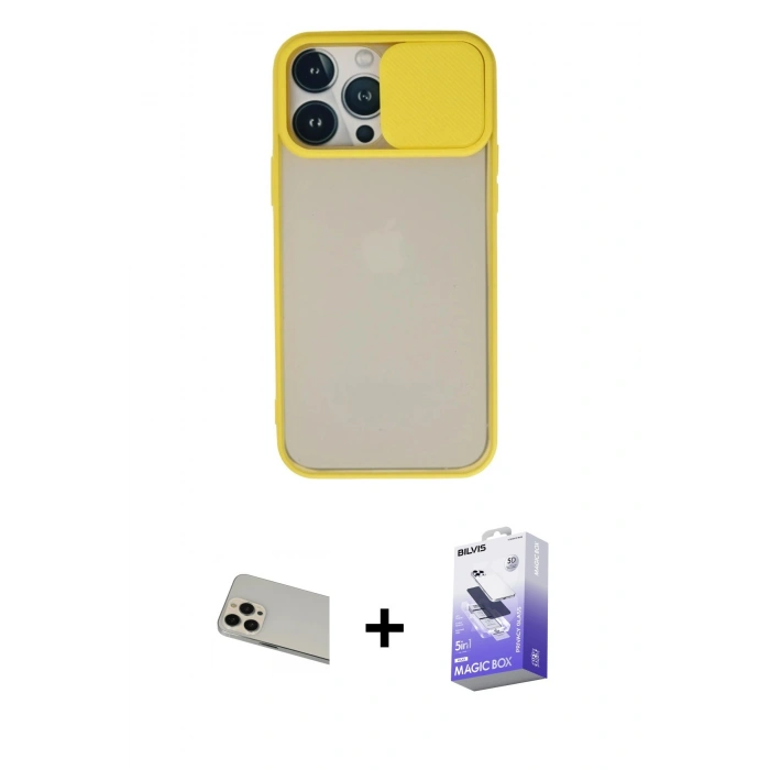 MARSİLYAN™- iPhone 13 Pro Max Kılıf Vadi Çizgi - Siyah Bilvis 5in1 5D Magic Hayalet Cam Ekran Koruyucu + Rose Gold Rainbow Kamera Lens Koruma Cam
