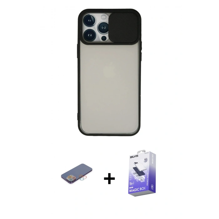 MARSİLYAN™- iPhone 13 Pro Max Kılıf Vadi Çizgi - Siyah Bilvis 5in1 5D Magic Hayalet Cam Ekran Koruyucu + Renkli Kamera Lens Koruma Cam - PE