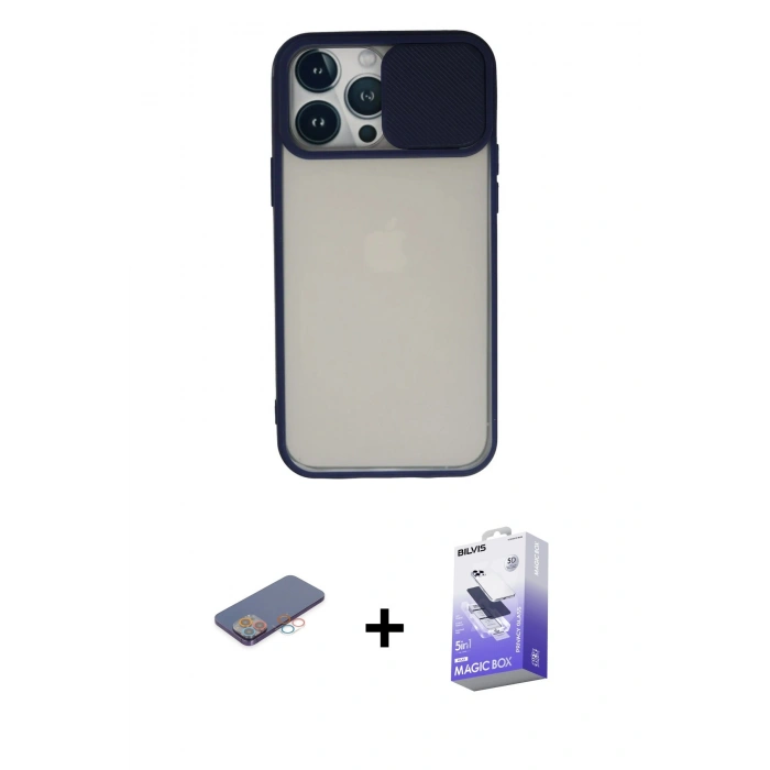 MARSİLYAN™- iPhone 13 Pro Max Kılıf Vadi Çizgi - Siyah Bilvis 5in1 5D Magic Hayalet Cam Ekran Koruyucu + Renkli Kamera Lens Koruma Cam - PE