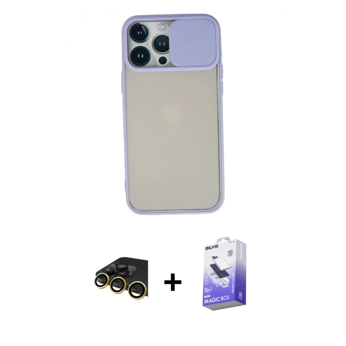 MARSİLYAN™- iPhone 13 Pro Max Kılıf Vadi Çizgi - Siyah Bilvis 5in1 5D Magic Hayalet Cam Ekran Koruyucu + Raze Metal Kamera Lens - GD
