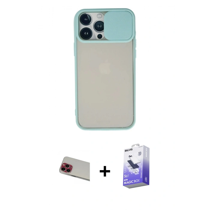 MARSİLYAN™- iPhone 13 Pro Max Kılıf Vadi Çizgi - Siyah Bilvis 5in1 5D Magic Hayalet Cam Ekran Koruyucu + Rainbow Kamera Lens Koruma Cam - KI