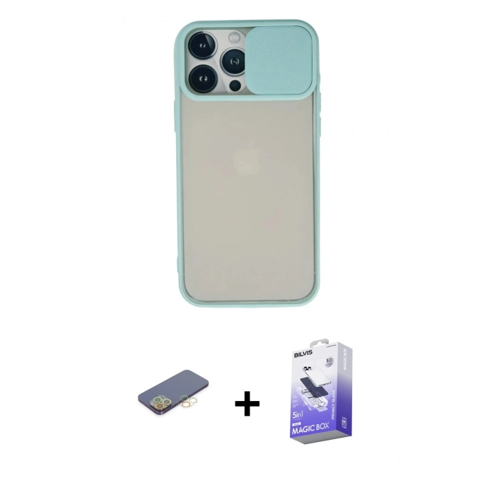 MARSİLYAN™- iPhone 13 Pro Max Kılıf Vadi Çizgi - Siyah Bilvis 5in1 5D Magic Hayalet Cam Ekran Koruyucu + Renkli Kamera Lens Koruma Cam - SI