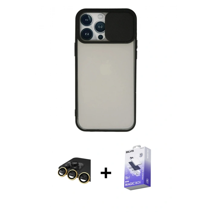 MARSİLYAN™- iPhone 13 Pro Max Kılıf Vadi Çizgi - Siyah Bilvis 5in1 5D Magic Hayalet Cam Ekran Koruyucu + Raze Metal Kamera Lens - GD