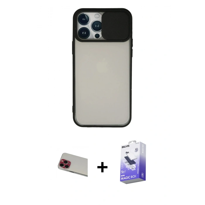 MARSİLYAN™- iPhone 13 Pro Max Kılıf Vadi Çizgi - Siyah Bilvis 5in1 5D Magic Hayalet Cam Ekran Koruyucu + Rainbow Kamera Lens Koruma Cam - KI