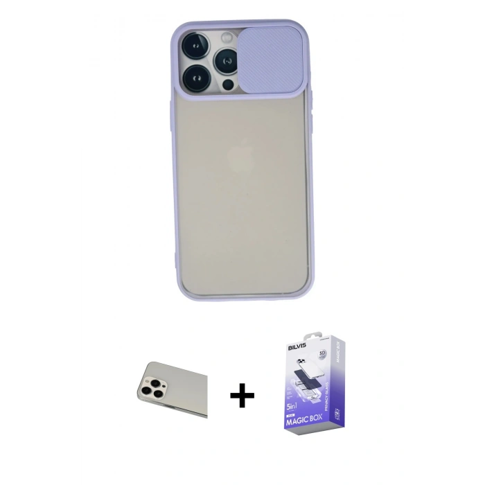 MARSİLYAN™- iPhone 13 Pro Max Kılıf Vadi Çizgi - Siyah Bilvis 5in1 5D Magic Hayalet Cam Ekran Koruyucu + Rainbow Kamera Lens Koruma Cam - BZ