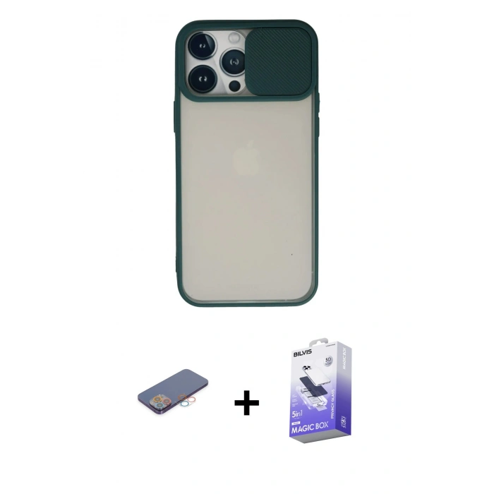 MARSİLYAN™- iPhone 13 Pro Max Kılıf Vadi Çizgi - Siyah Bilvis 5in1 5D Magic Hayalet Cam Ekran Koruyucu + Renkli Kamera Lens Koruma Cam - PE