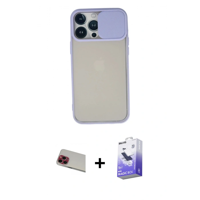 MARSİLYAN™- iPhone 13 Pro Max Kılıf Vadi Çizgi - Siyah Bilvis 5in1 5D Magic Hayalet Cam Ekran Koruyucu + Rainbow Kamera Lens Koruma Cam - KI