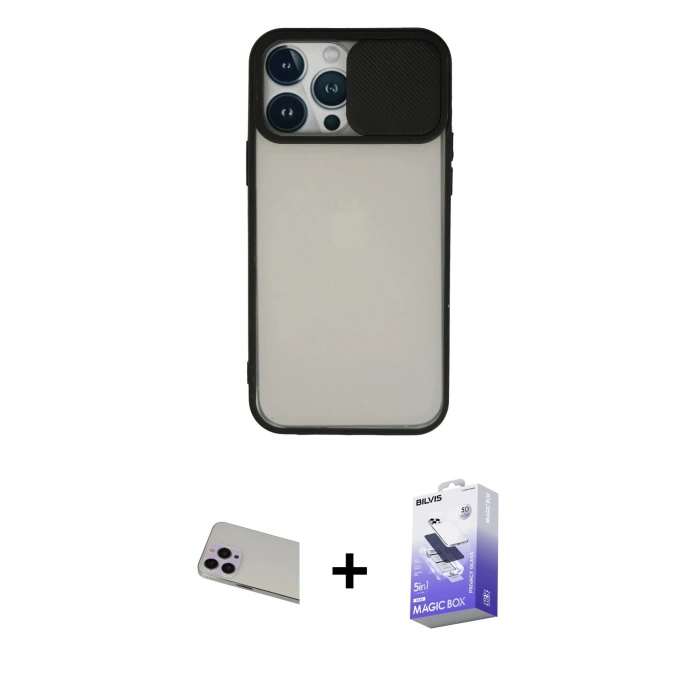 MARSİLYAN™- iPhone 13 Pro Max Kılıf Vadi Çizgi - Siyah Bilvis 5in1 5D Magic Hayalet Cam Ekran Koruyucu + Rainbow Kamera Lens Koruma Cam - MR