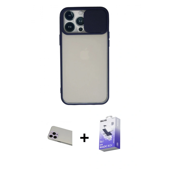 MARSİLYAN™- iPhone 13 Pro Max Kılıf Vadi Çizgi - Siyah Bilvis 5in1 5D Magic Hayalet Cam Ekran Koruyucu + Rainbow Kamera Lens Koruma Cam - MR