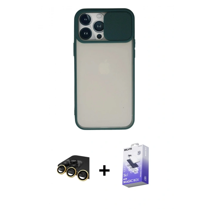 MARSİLYAN™- iPhone 13 Pro Max Kılıf Vadi Çizgi - Siyah Bilvis 5in1 5D Magic Hayalet Cam Ekran Koruyucu + Raze Metal Kamera Lens - GD