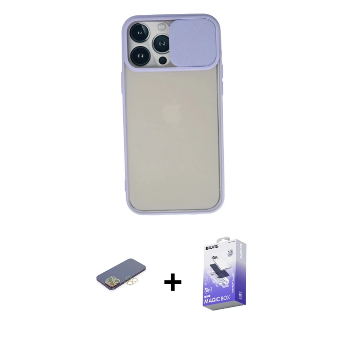 MARSİLYAN™- iPhone 13 Pro Max Kılıf Vadi Çizgi - Siyah Bilvis 5in1 5D Magic Hayalet Cam Ekran Koruyucu + Renkli Kamera Lens Koruma Cam - SI
