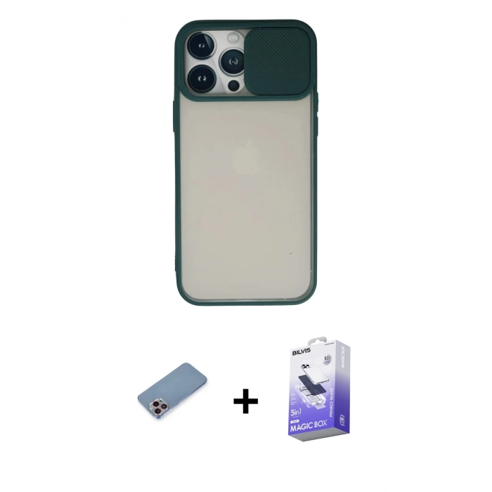 MARSİLYAN™- iPhone 13 Pro Max Kılıf Vadi Çizgi - Siyah Bilvis 5in1 5D Magic Hayalet Cam Ekran Koruyucu + Shine Kamera Lens Koruma Cam - PE