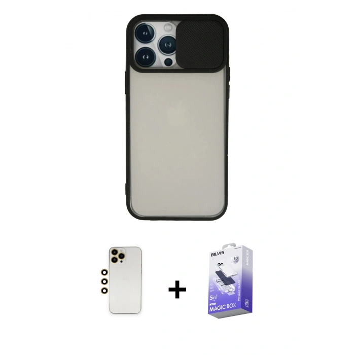 MARSİLYAN™- iPhone 13 Pro Max Kılıf Vadi Çizgi - Siyah Bilvis 5in1 5D Magic Hayalet Cam Ekran Koruyucu + Shine Kamera Lens - GD