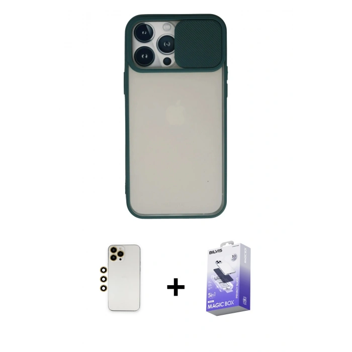 MARSİLYAN™- iPhone 13 Pro Max Kılıf Vadi Çizgi - Siyah Bilvis 5in1 5D Magic Hayalet Cam Ekran Koruyucu + Shine Kamera Lens - GD