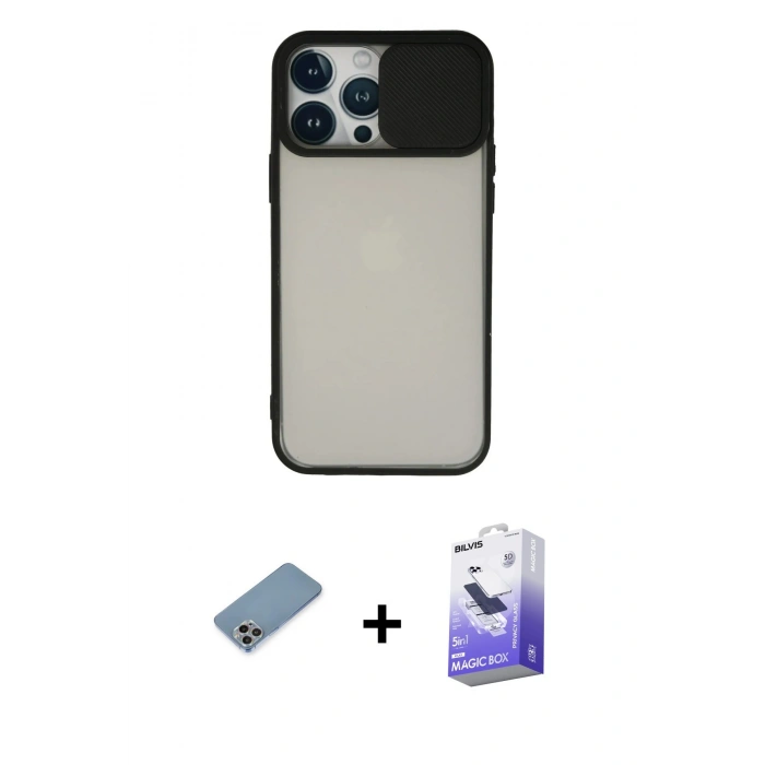 MARSİLYAN™- iPhone 13 Pro Max Kılıf Vadi Çizgi - Siyah Bilvis 5in1 5D Magic Hayalet Cam Ekran Koruyucu + Shine Kamera Lens Koruma Cam - GI
