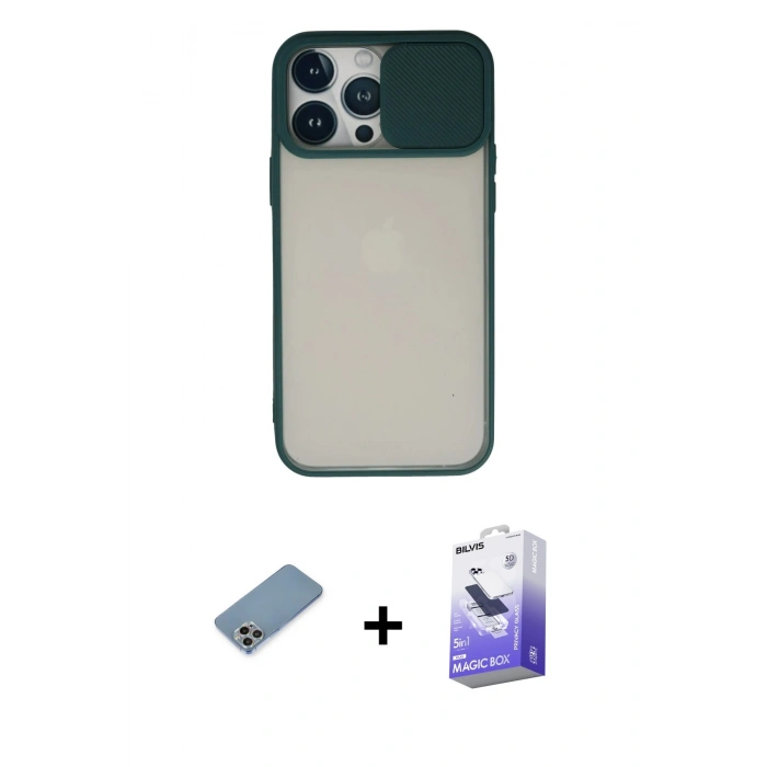 MARSİLYAN™- iPhone 13 Pro Max Kılıf Vadi Çizgi - Siyah Bilvis 5in1 5D Magic Hayalet Cam Ekran Koruyucu + Shine Kamera Lens Koruma Cam - GI