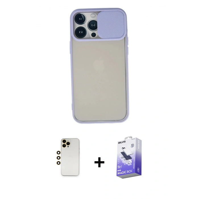 MARSİLYAN™- iPhone 13 Pro Max Kılıf Vadi Çizgi - Siyah Bilvis 5in1 5D Magic Hayalet Cam Ekran Koruyucu + Shine Kamera Lens - GD