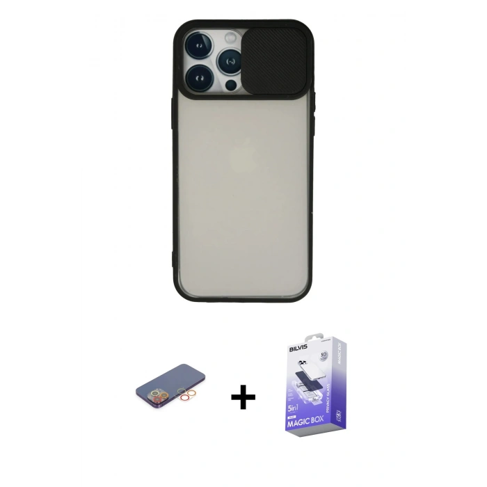 MARSİLYAN™- iPhone 13 Pro Max Kılıf Vadi Çizgi - Siyah Bilvis 5in1 5D Magic Hayalet Cam Ekran Koruyucu + Renkli Kamera Lens Koruma Cam - TU