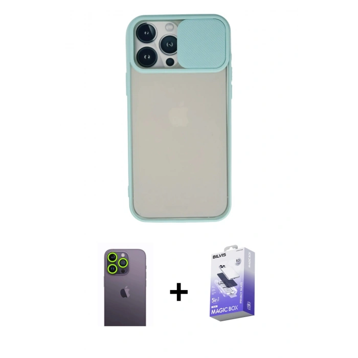 MARSİLYAN™- iPhone 13 Pro Max Kılıf Vadi Çizgi - Siyah Bilvis 5in1 5D Magic Hayalet Cam Ekran Koruyucu + Yeşil Neon Fosforlu Kamera Lens