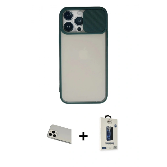 MARSİLYAN™- iPhone 13 Pro Max Kılıf Vadi Çizgi - Siyah Bilvis Hayalet Cam Ekran Koruyucu + Rainbow Kamera Lens Koruma Cam - BZ