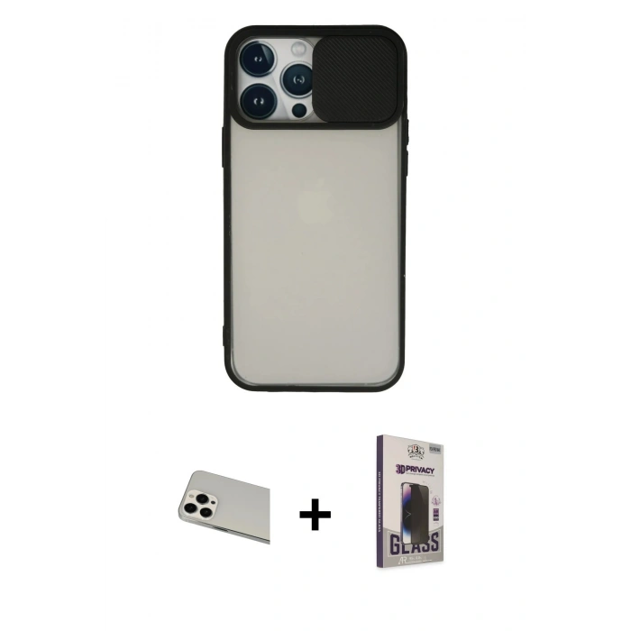 MARSİLYAN™- iPhone 13 Pro Max Kılıf Vadi Çizgi - Siyah Bilvis Hayalet Cam Ekran Koruyucu + Beyaz Rainbow Kamera Lens Koruma Cam
