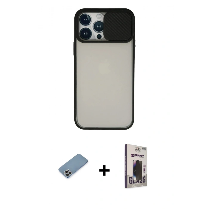 MARSİLYAN™- iPhone 13 Pro Max Kılıf Vadi Çizgi - Siyah Bilvis Hayalet Cam Ekran Koruyucu + Shine Kamera Lens Koruma Cam - GI