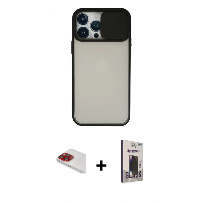 MARSİLYAN™- iPhone 13 Pro Max Kılıf Vadi Çizgi - Siyah Bilvis Hayalet Cam Ekran Koruyucu + Pers Alüminyum Kamera Lens - KI