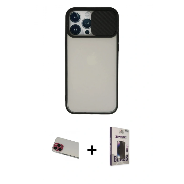 MARSİLYAN™- iPhone 13 Pro Max Kılıf Vadi Çizgi - Siyah Bilvis Hayalet Cam Ekran Koruyucu + Rainbow Kamera Lens Koruma Cam - KI
