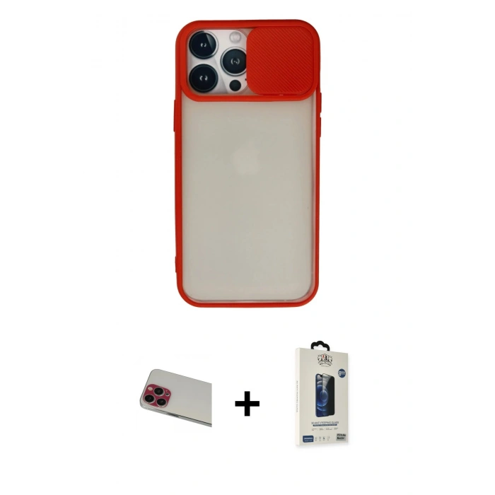 MARSİLYAN™- iPhone 13 Pro Max Kılıf Vadi Çizgi - Siyah Bilvis Hayalet Cam Ekran Koruyucu + Kırmızı Rainbow Kamera Lens Koruma Cam