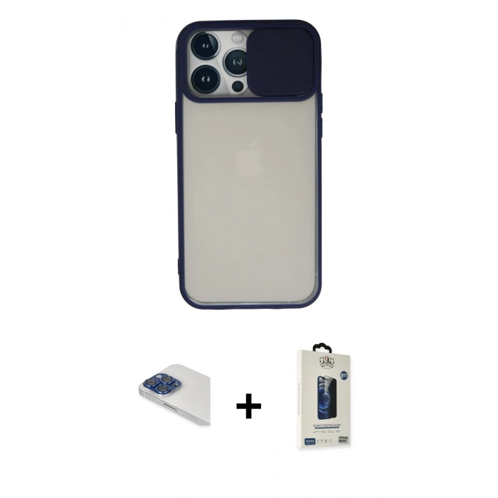 MARSİLYAN™- iPhone 13 Pro Max Kılıf Vadi Çizgi - Siyah Bilvis Hayalet Cam Ekran Koruyucu + Lacivert Pers Alüminyum Kamera Lens