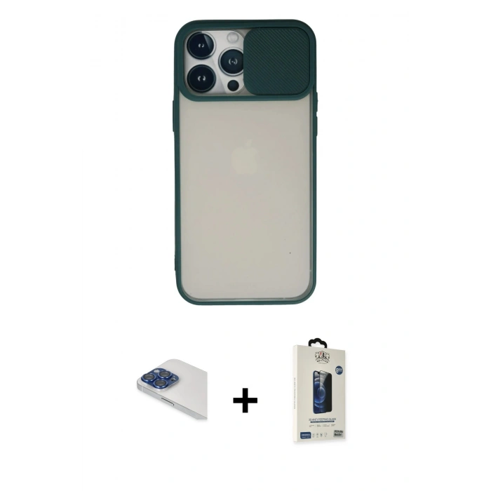 MARSİLYAN™- iPhone 13 Pro Max Kılıf Vadi Çizgi - Siyah Bilvis Hayalet Cam Ekran Koruyucu + Lacivert Pers Alüminyum Kamera Lens