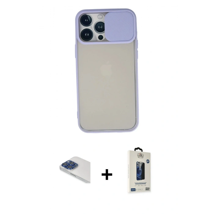 MARSİLYAN™- iPhone 13 Pro Max Kılıf Vadi Çizgi - Siyah Bilvis Hayalet Cam Ekran Koruyucu + Lacivert Pers Alüminyum Kamera Lens